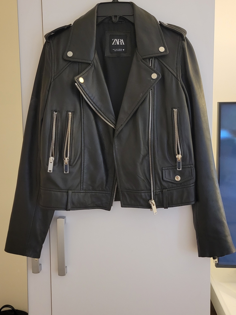 ZARA Black Real Leather Moto Jacket with Silver Hardware